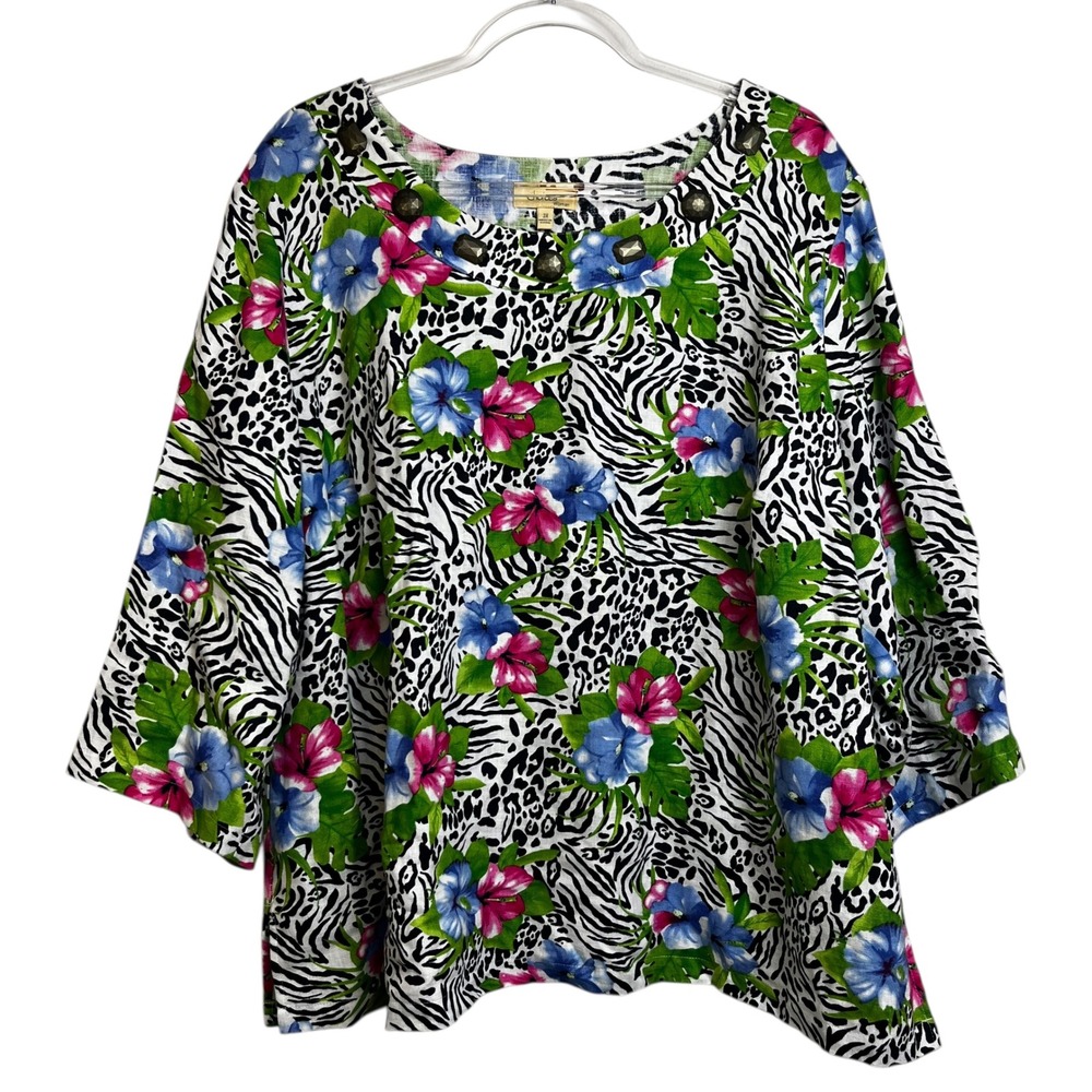 Choices Woman 3X‎ Linen Top Animal Print Floral Studded Scoop Neck LLNU0022